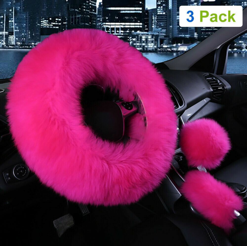 3Pcs Car Steering Wheel Cover Furry Fluffy Universal Fur Wool Thick RosePink15\'\'