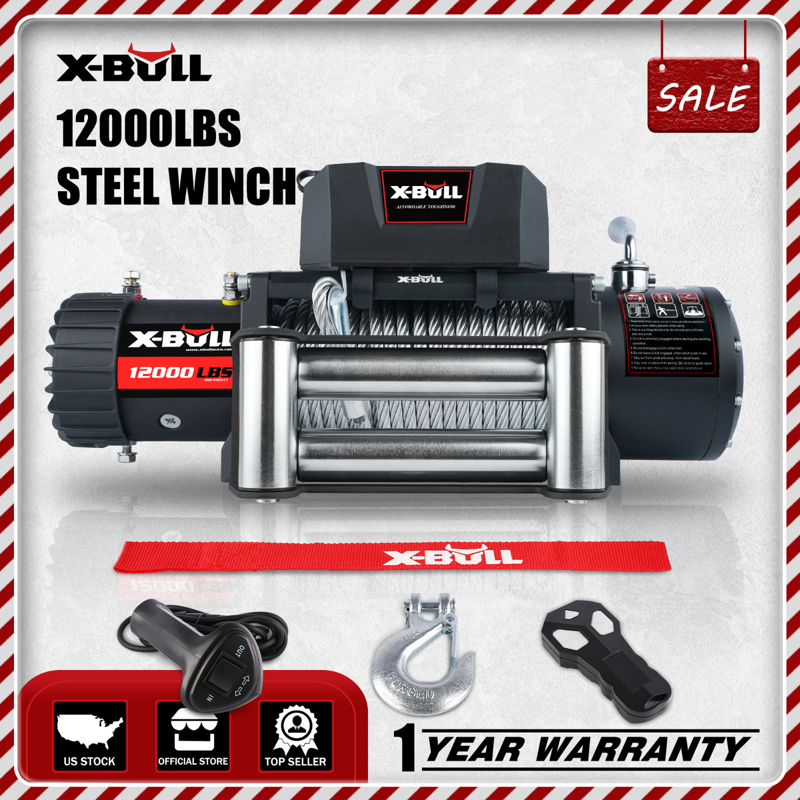 X-BULL Electric Winch 12000lb W/Steel Cable Trailer Towing For Truck SUV 4WD