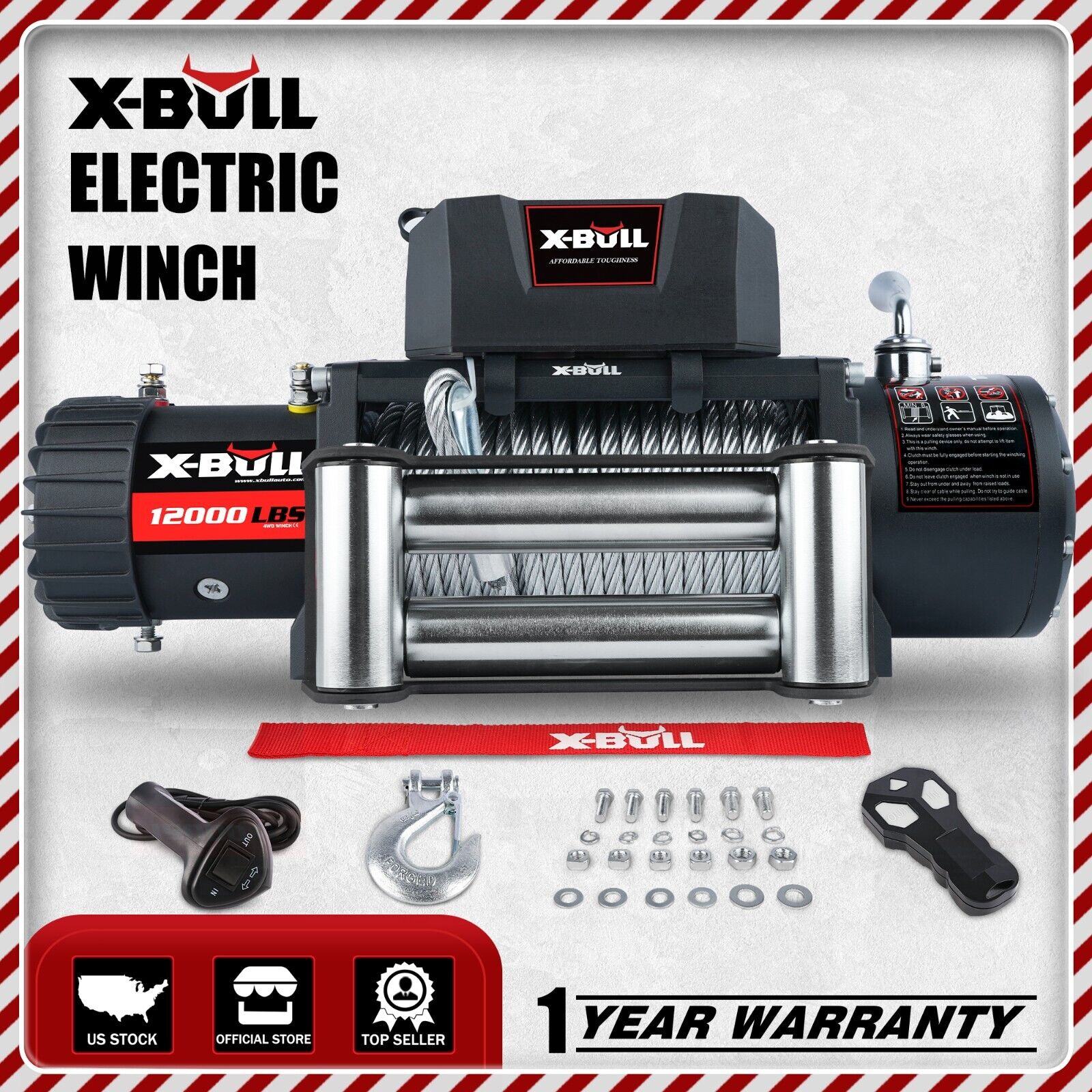 X-BULL 12V Electric Winch 12000lbs Steel Cable Truck Trailer Off Road SUV 4WD