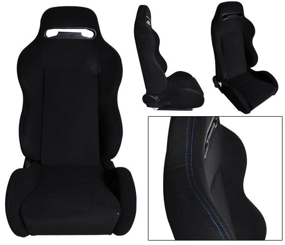 2 BLACK CLOTH + BLUE STITCH RACING SEATS RECLINABLE + SLIDERS VOLKSWAGEN NEW *