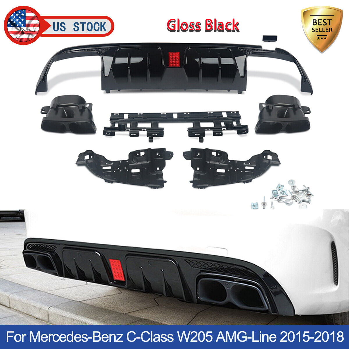 Rear Diffuser Lip W/Exhaust Tips For Mercedes-Benz C-Class W205 C300 C63 C43 AMG