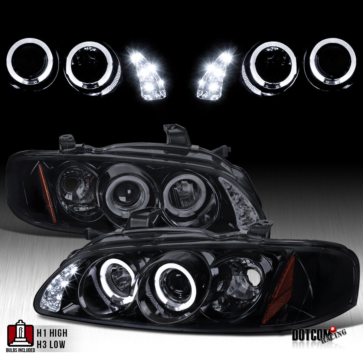 Black Smoke Fit 2000-2003  Sentra Halo Projector Headlights w/ LED Lamps