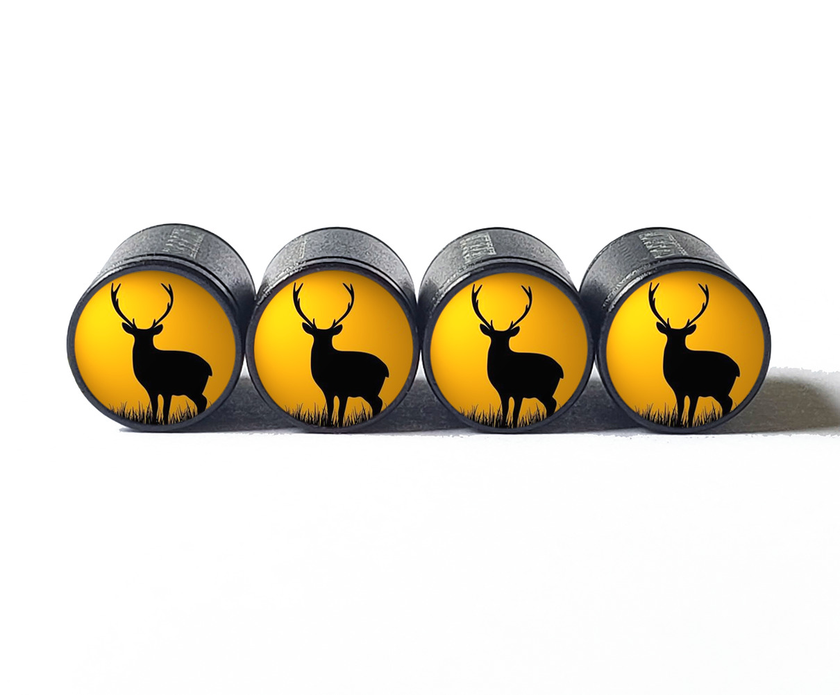 Deer Silhouette Sunset Tire Valve Caps - Black Aluminum - Set of Four