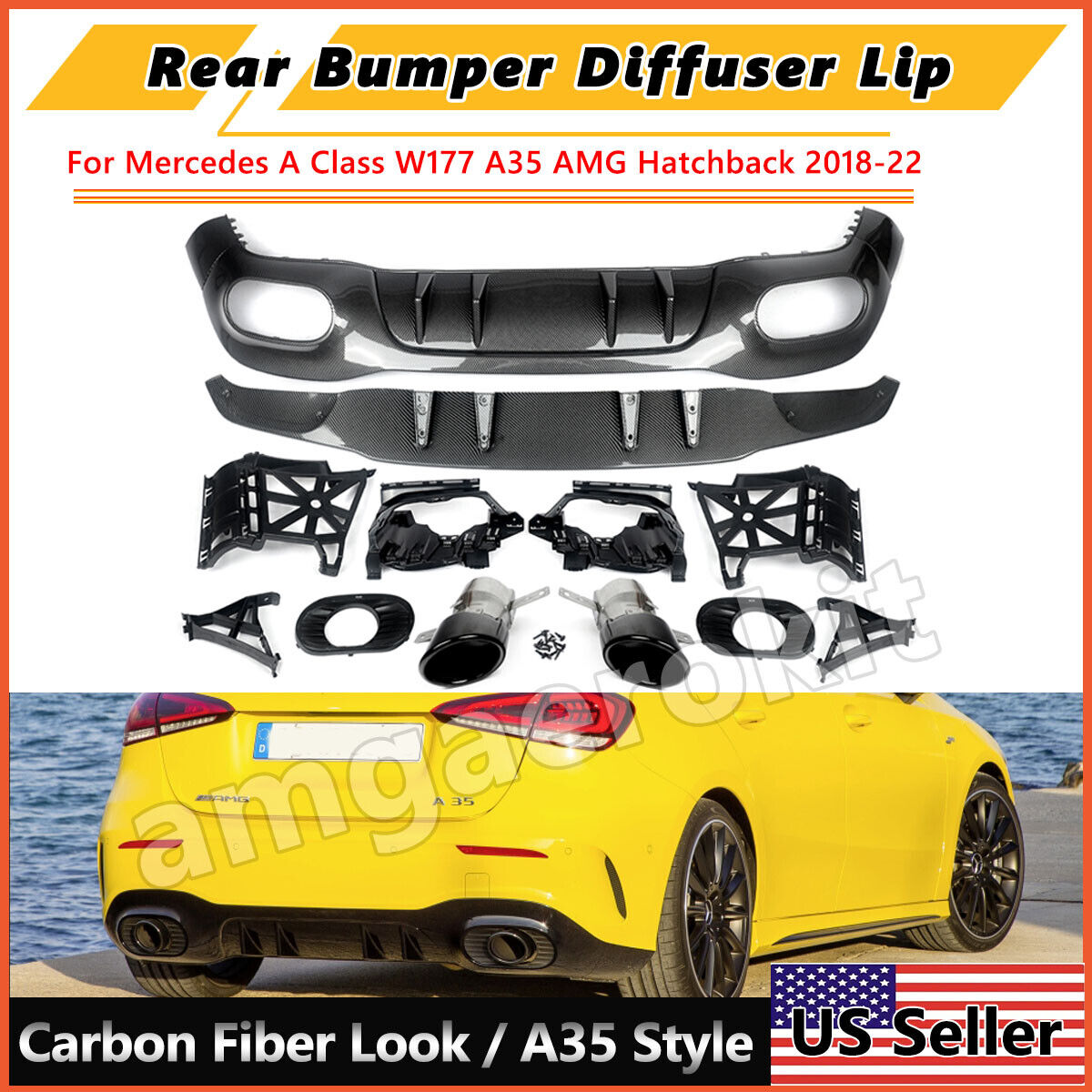 For Benz W177 A200 A250 Sport A35 AMG Rear Bumper Diffuser Lip W/Exhaust Tips