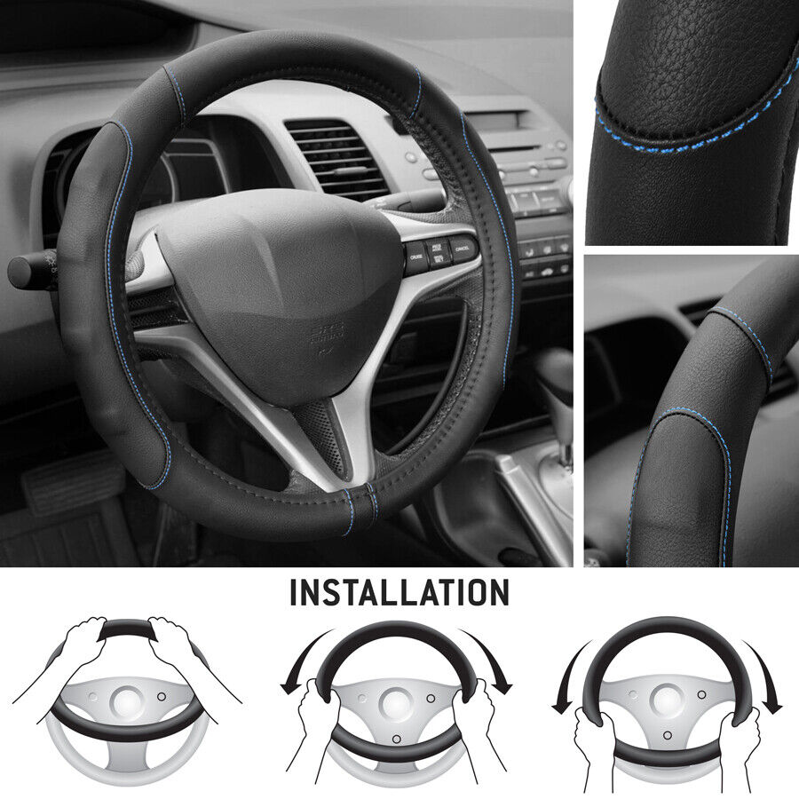 Synth Leather Steering Wheel Cover Comfort Grip Blue Stitching Standard Size