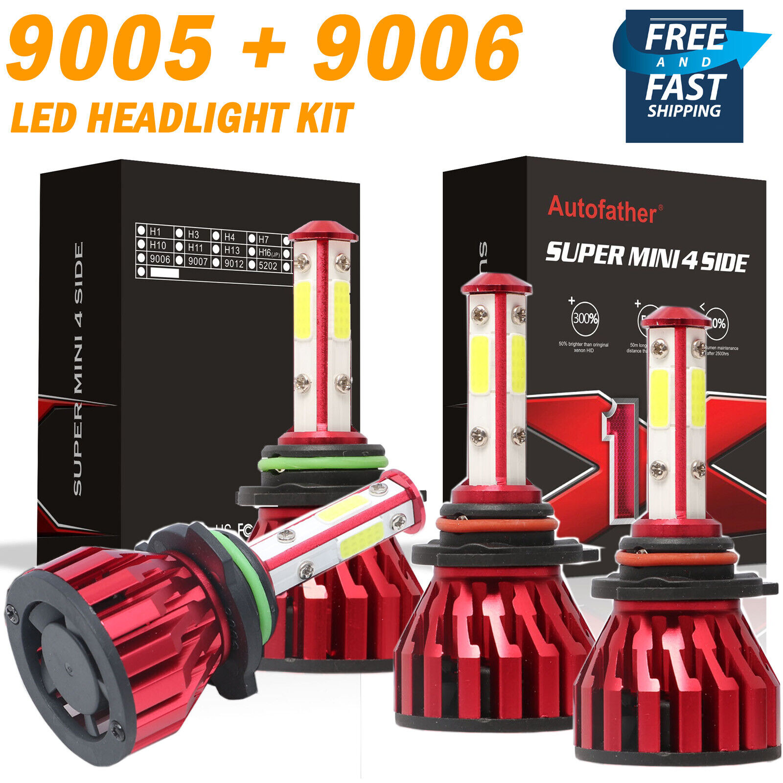 9005 9006 4-Sides LED 960W 96000LM Combo Headlights Kit Hi Low Beam Bulbs Bright