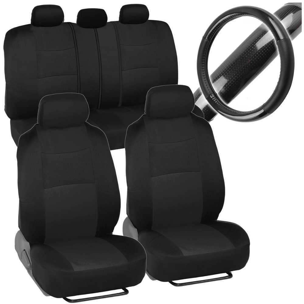 Sporty Black Car Seat Covers W/ Black Carbon Fiber Grip Steering Wheel Cover