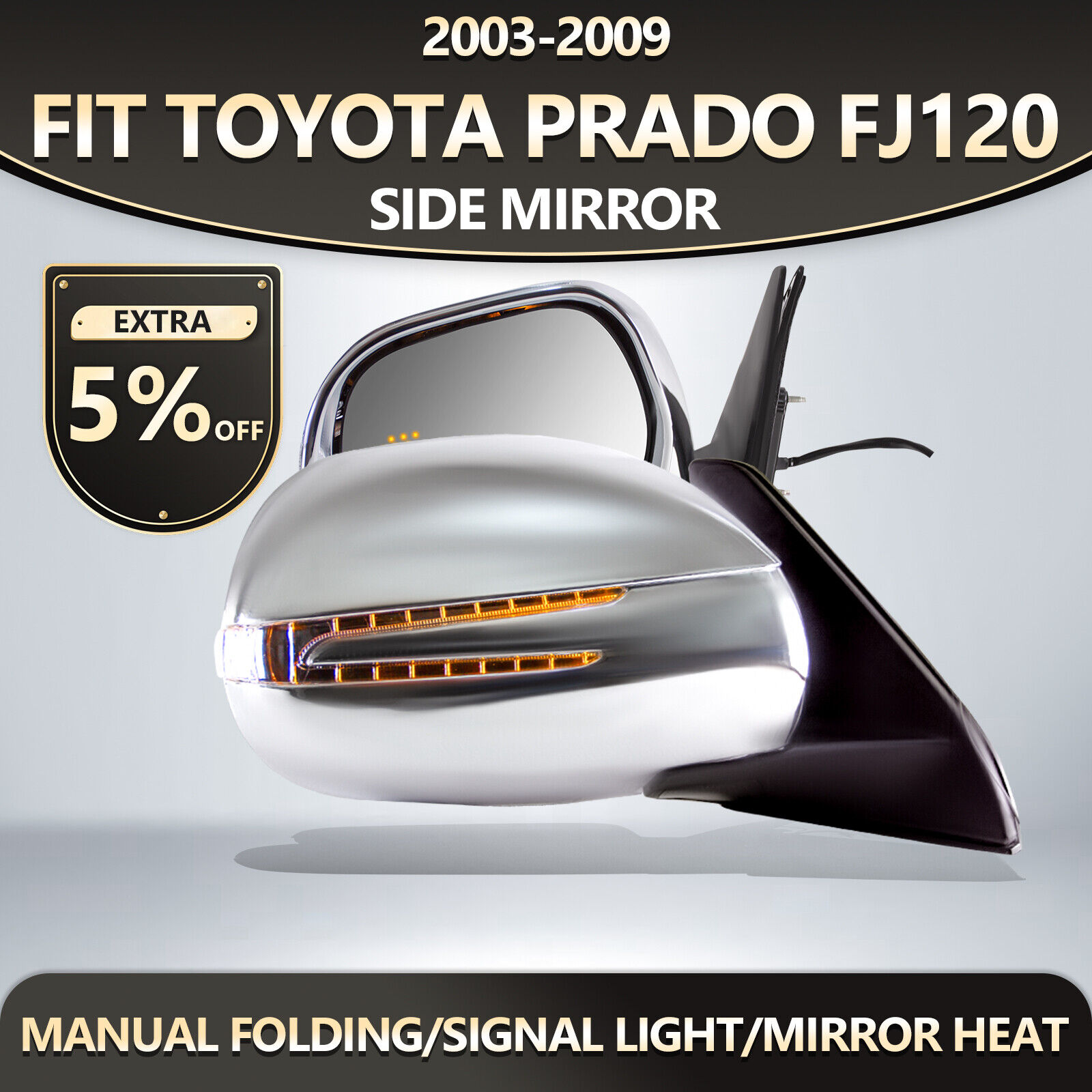 For 03-09 Toyota Prado FJ120 Side Mirrors Folding Arrow Signal Pair Silver 5 Pin