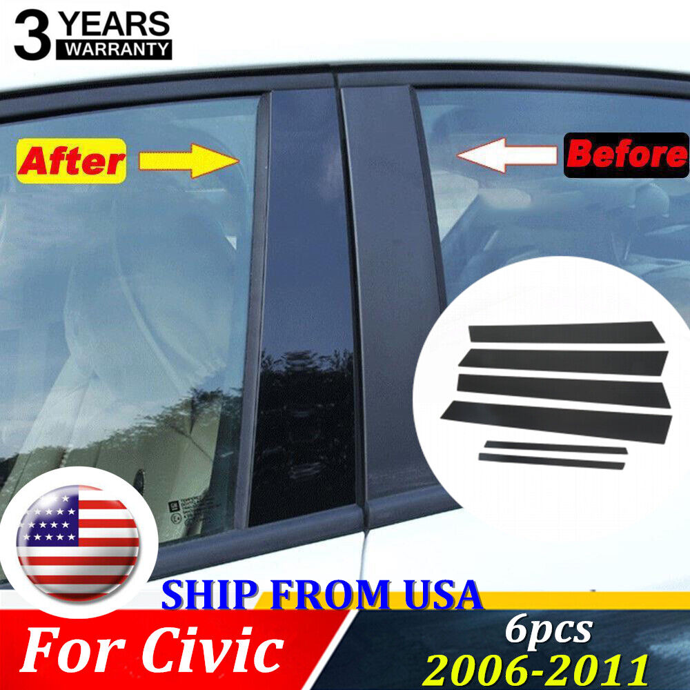 Black Pillar Posts For Honda Civic 2006-2011 (4dr) 6pcs Door Trim Molding Cover