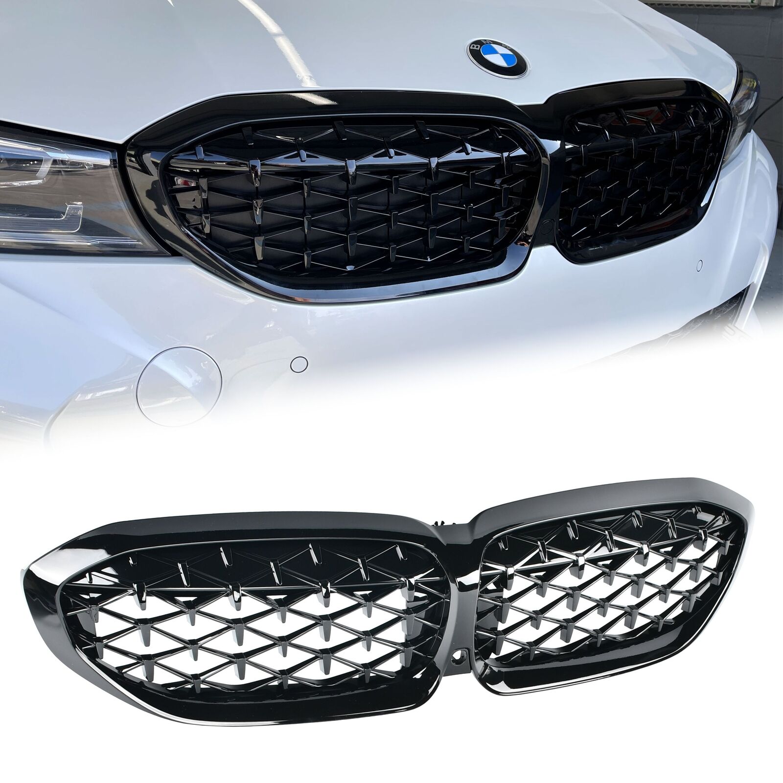 Glossy Black Front Kidney Diamond Grill Grille for 2019-2022 BMW G20 330i M340i