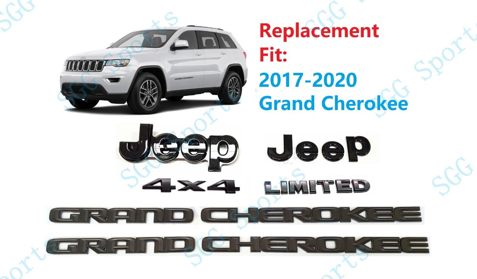 6pc Set Jeep Grand Cherokee 4x4 Limited Front Rear Door Gloss Black Emblem 17-21