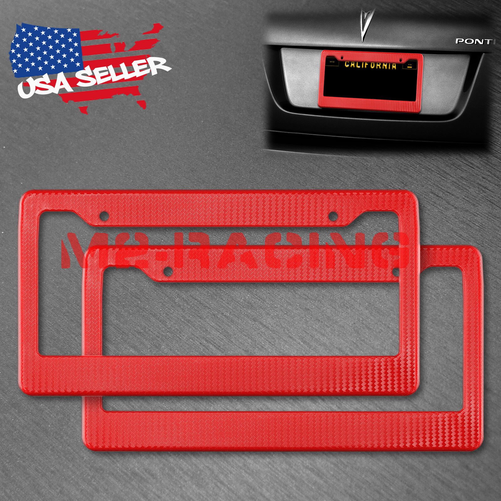 2pcs Plastic Red Carbon Fiber Style License Plate Frames Front & Rear Bracket