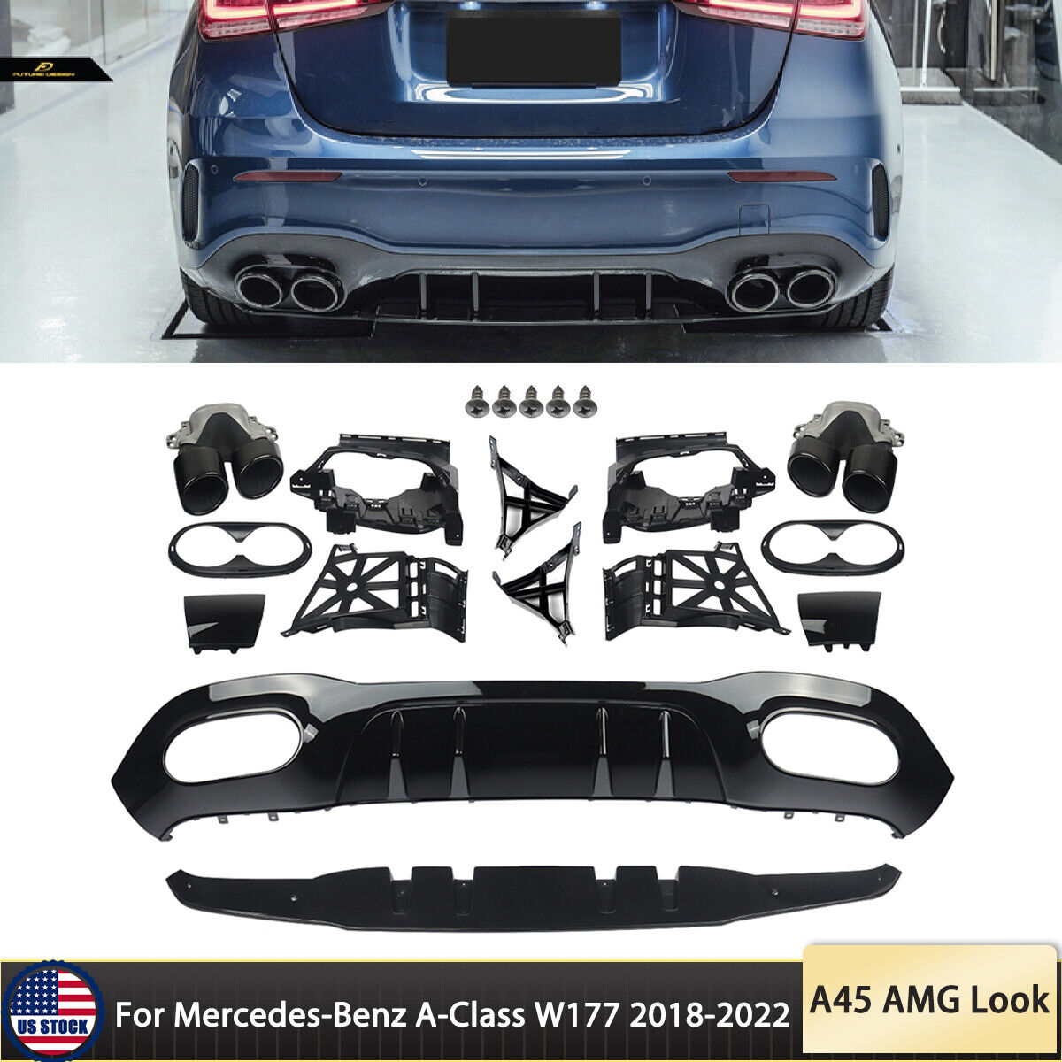 Rear Diffuser Lip W/Exhaust Tips For Benz 2018-2022 W177 A200 A250 A45 AMG Style