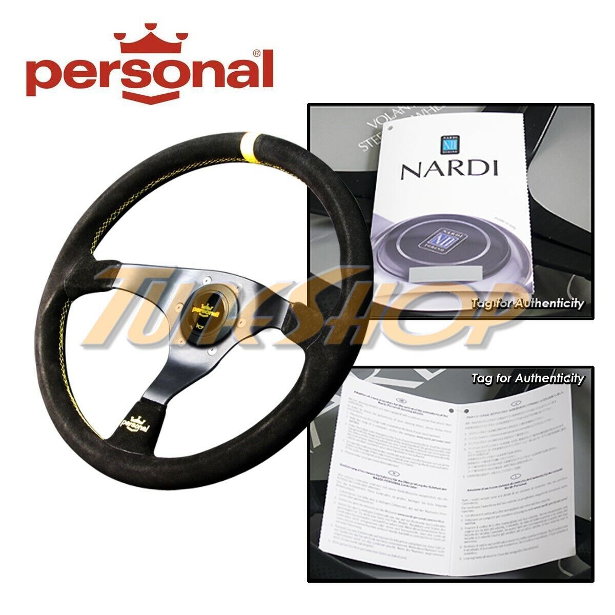 ITALY PERSONAL TROPHY 350MM STEERING WHEEL BLACK SUEDE YELLOW LOGO STICHING HORN