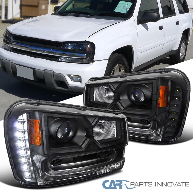 For 02-09 Chevy Trailblazer SMD LED Strip Black Projector Headlights Head Lamps
