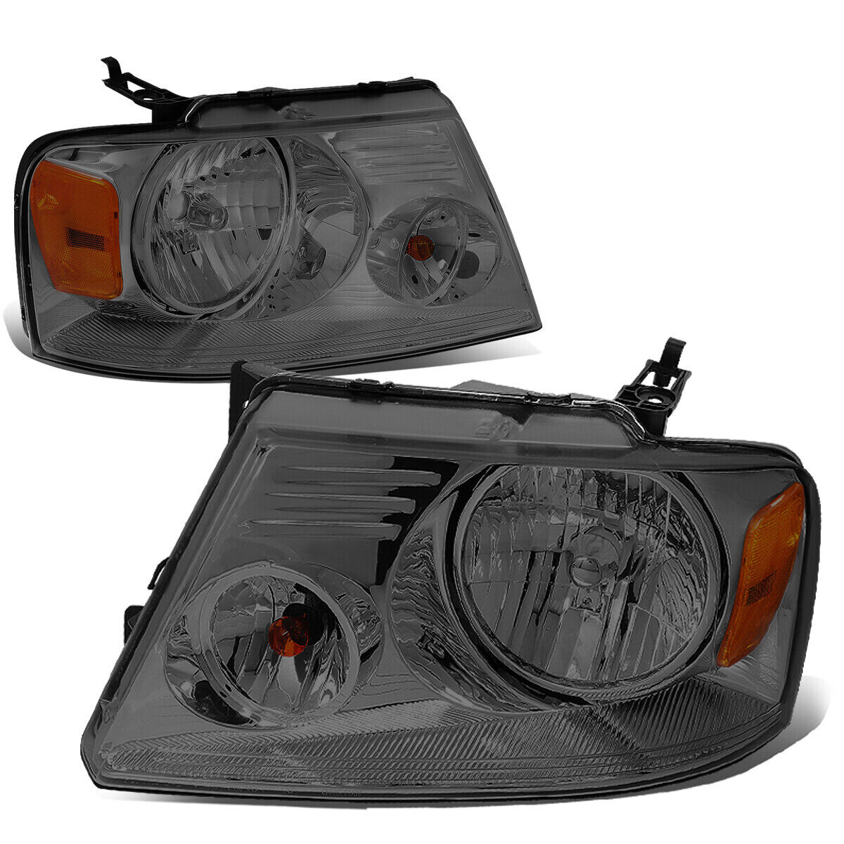 Fit 2004-2008 Ford F150 Pickup Pair Smoked Housing Amber Side Headlight/Lamp Set