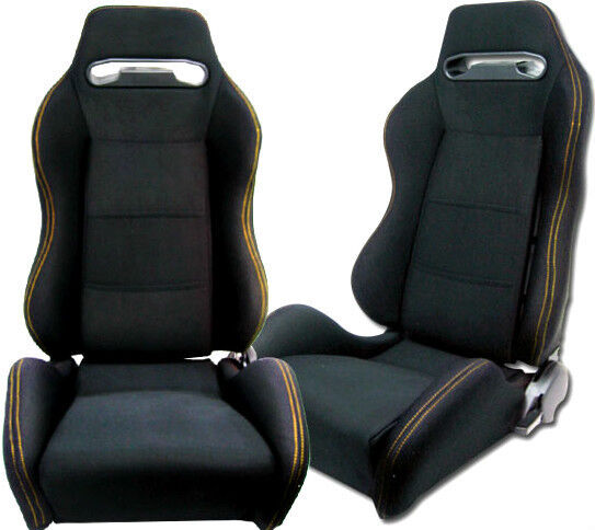NEW 1 PAIR BLACK CLOTH & YELLOW STITCHING ADJUSTABLE RACING SEATS ALL TOYOTA **