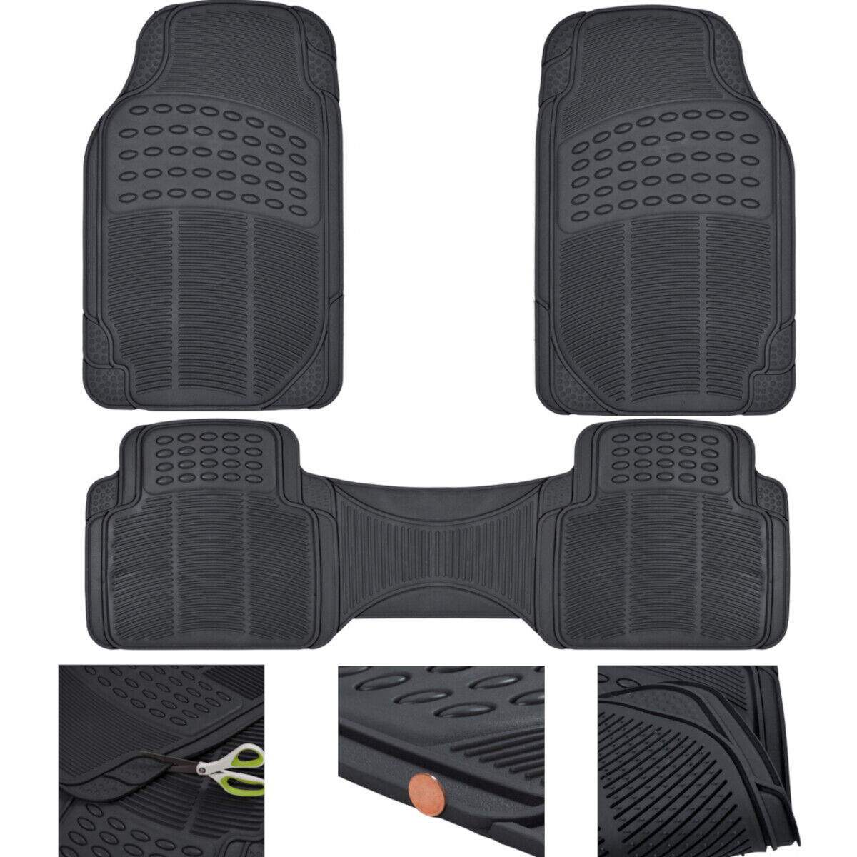 Car Floor Mats All Weather Semi Custom Fit Heavy Duty Trimmable Black 3PC
