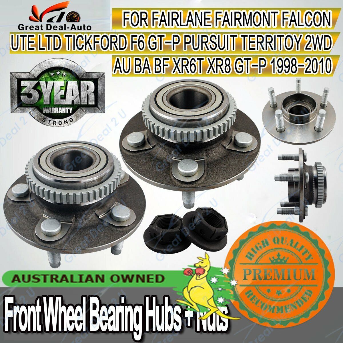2 for Ford Falcon AU/BA/BF Territory 2WD ABS Front Wheel Bearing Hub Hubs Nuts