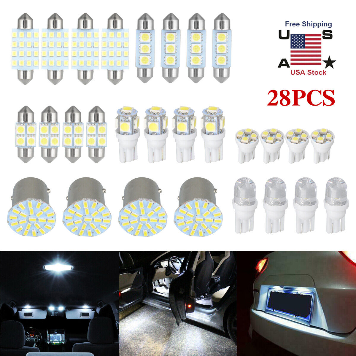 28X Car Interior White Combo LED Map Dome Door Trunk License Plate Light Bulb US