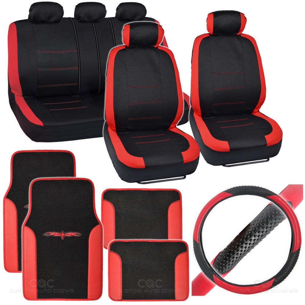 Venice 14 Pc Set - Two Tone Black / Red Car Seat Cover, Mat & Steering Cover