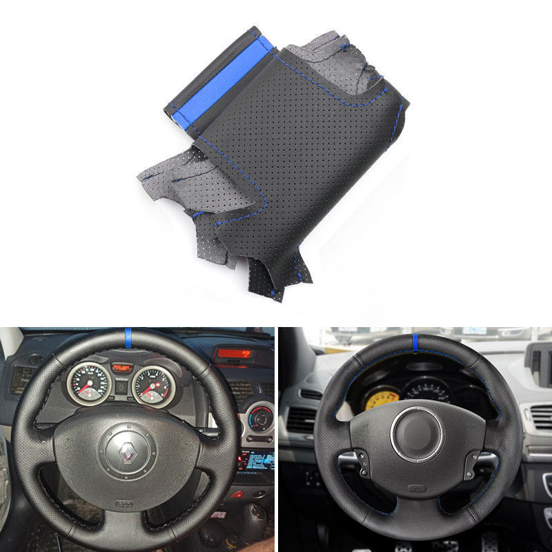 Black+Blue Steering Wheel Cover Leather DIY For Renault Megane 2 Kangoo Scenic 2