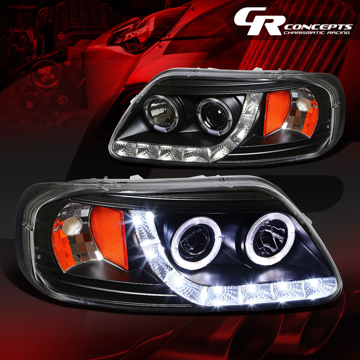 PAIR OF BLACK LED DRL STRIP HALO PROJECTOR HEADLIGHTS LH+RH FOR 97-03 FORD F150