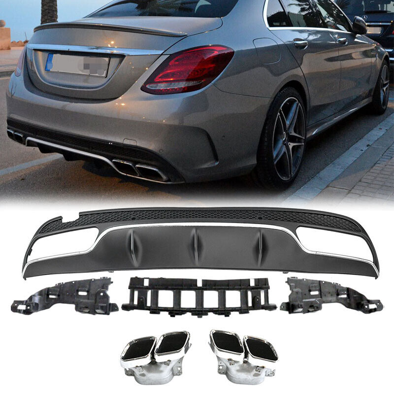 Rear Diffuser Exhaust Tips For Mercedes W205 Sedan AMG C300 2015-2021 Glossy Blk