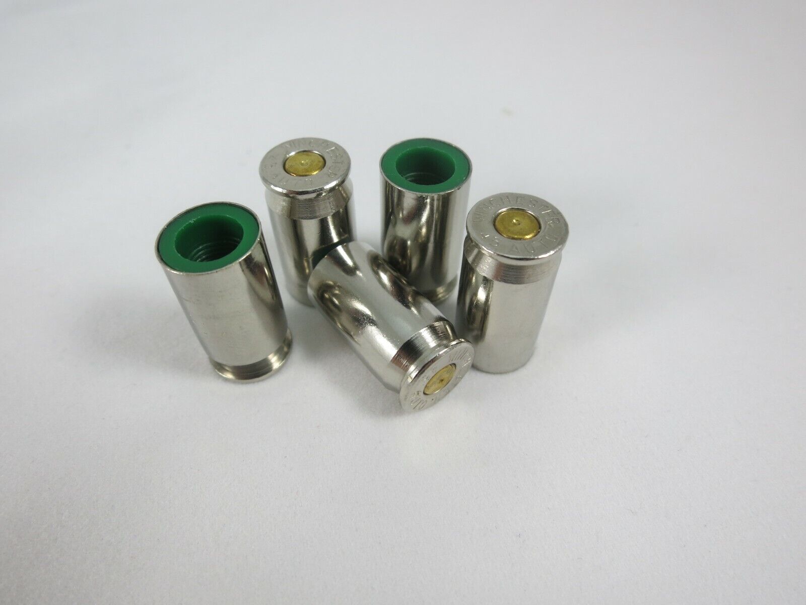 5 Bullet Tire Valve Stem Caps 45 ACP Shells Nickel Case w/ Brass Center