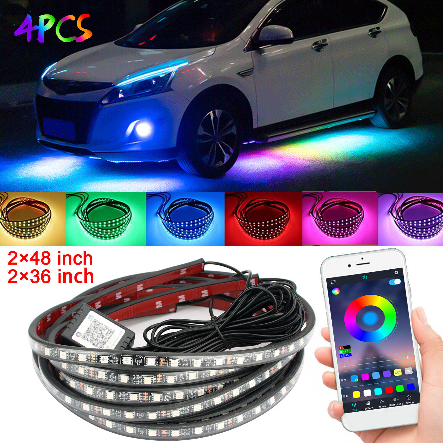 4PCS RGB LED Strip Under Car Tube Underglow Underbody System Neon Light Kit APP