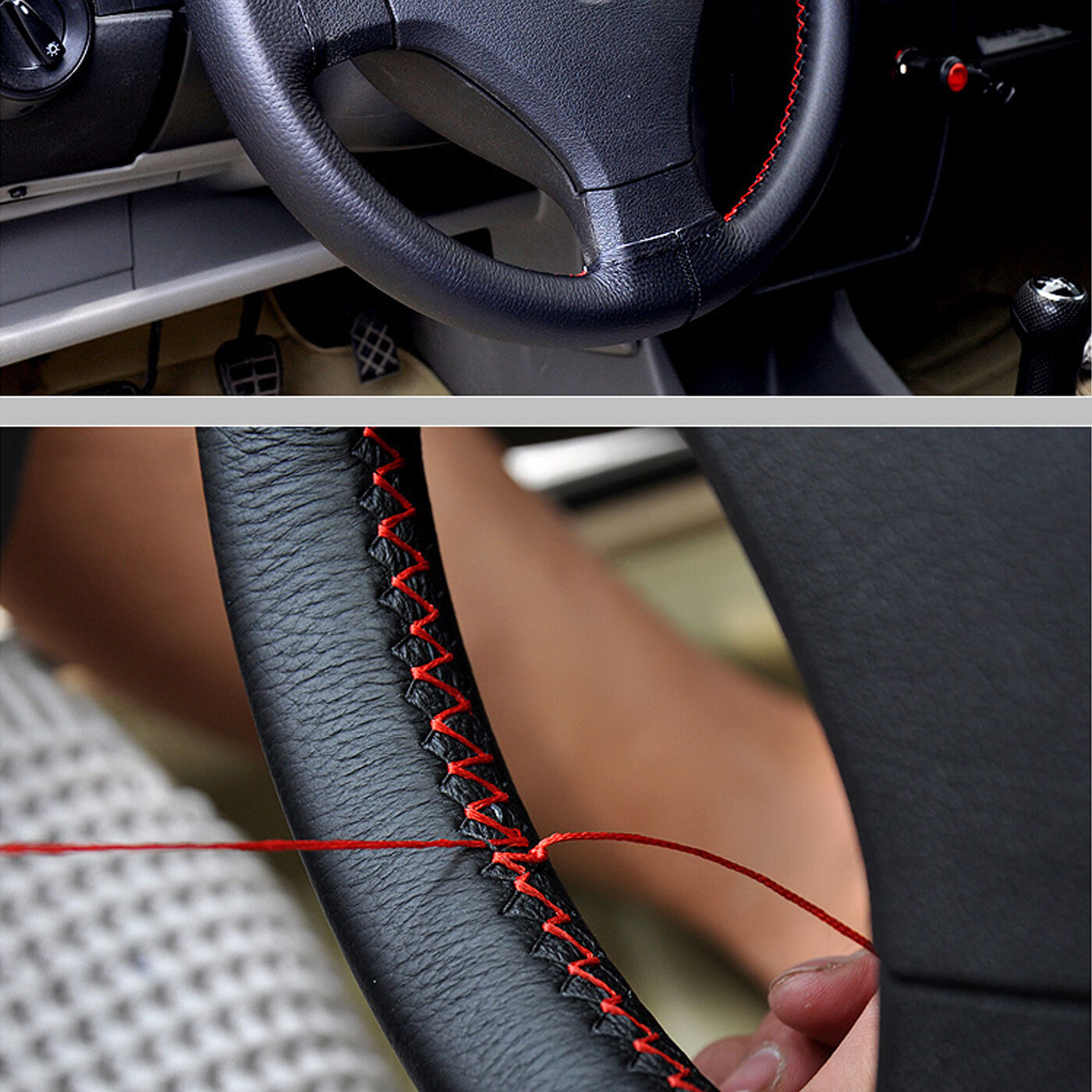 DIY 38cm/15\'\' Auto Steering Wheel Cover Genuine Leather anti-Slip Needle Thread