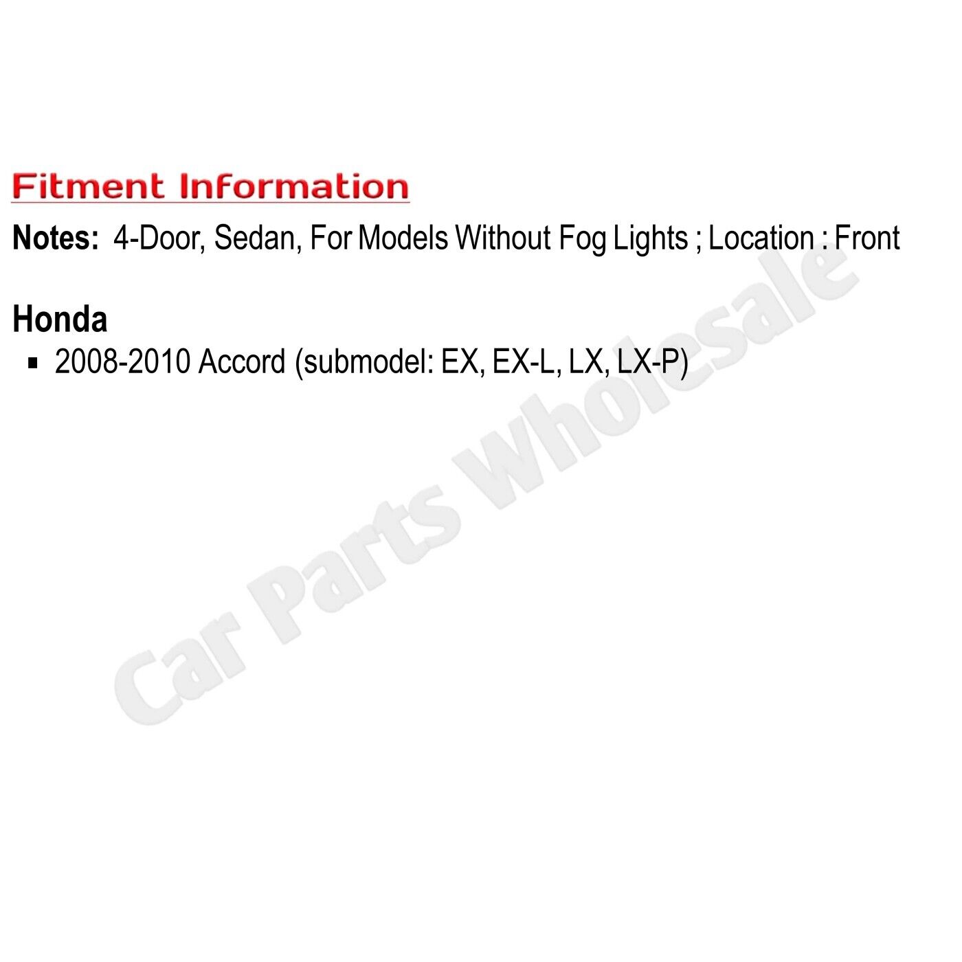 Front Bumper Cover For 2.4L Eng 2008-10 Honda Accord Sedan EX EX-L LX and LX-P