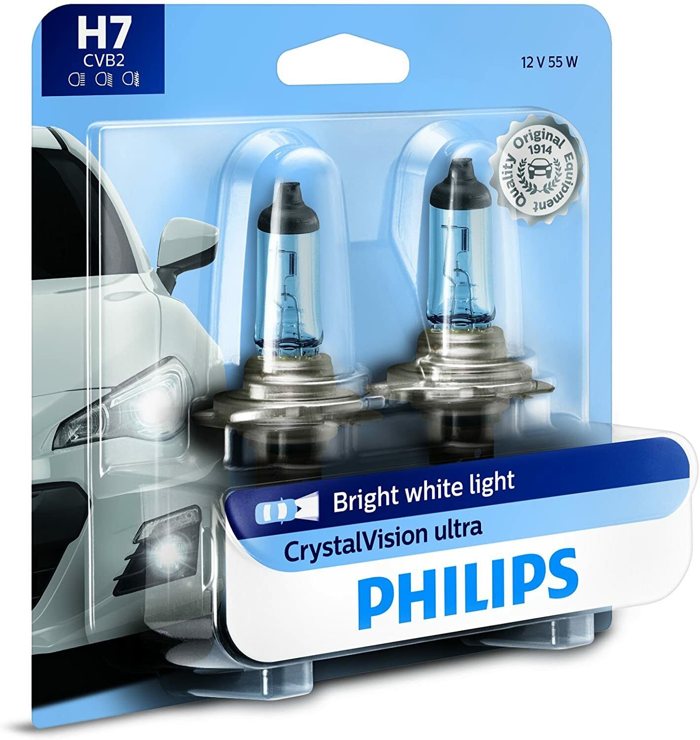Philips H7 CVB2 CrystalVision Ultra Bright White Headlight Bulb, 2 Pack