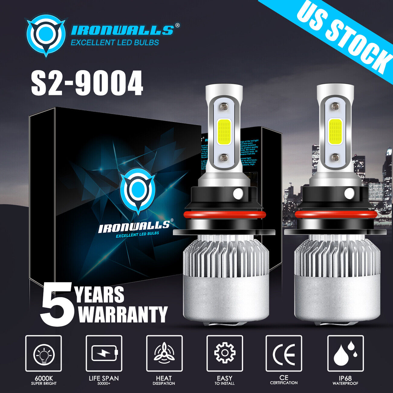 2x 9004 HB1 10000W 1000000LM LED Headlight Hi-Lo Beam Bulbs Replace XENON HID