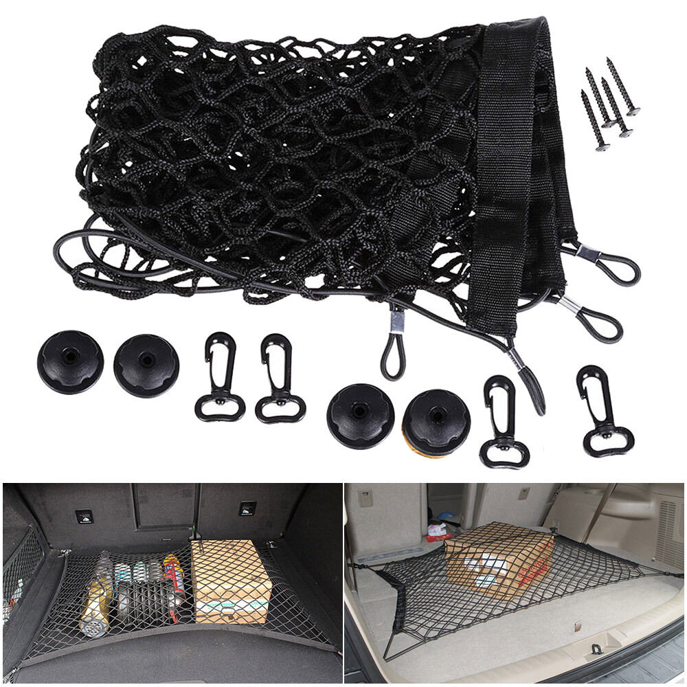 Car SUV Rear Trunk Boot Floor Cargo Net Elastic Mesh Storage Fixed Set Kit Black