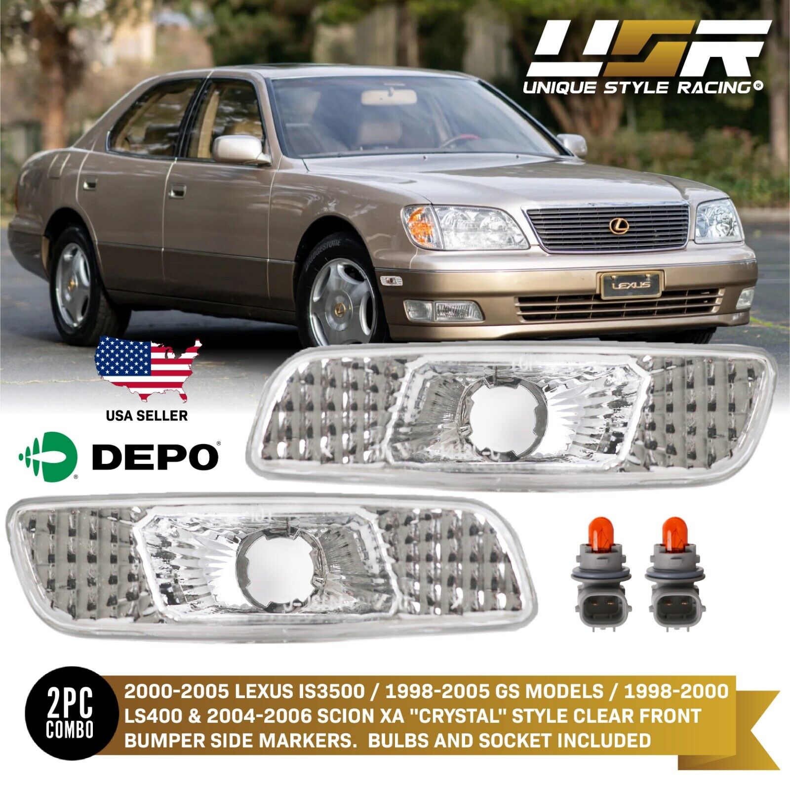 DEPO Front Clear Bumper Side Markers Fit For 1998-2000 Lexus LS400 01-05 IS300