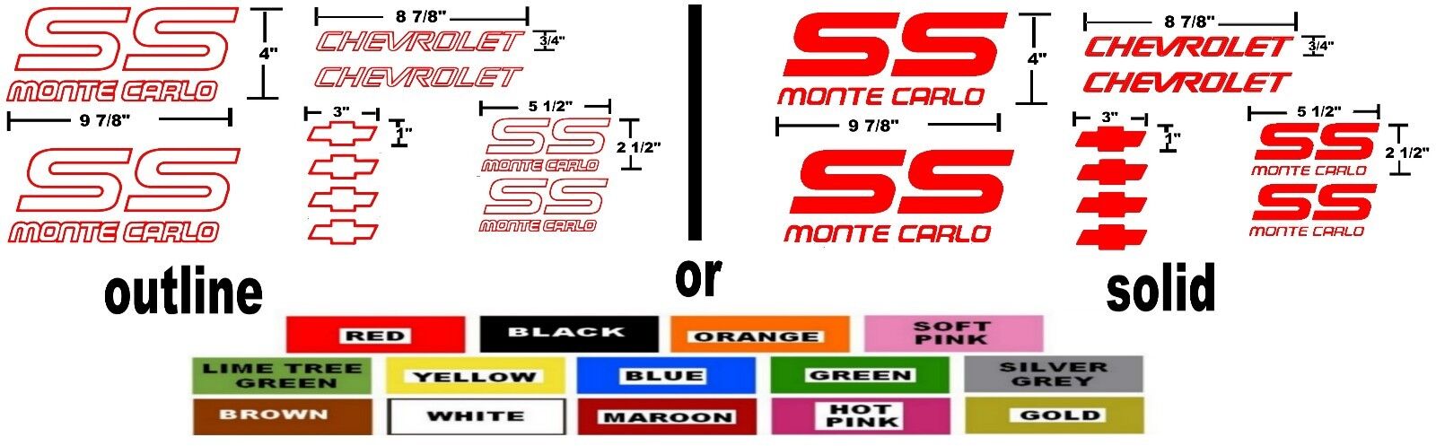 MONTE CARLO SS STICKERS DECALS 87-88 **ANY COLOR**