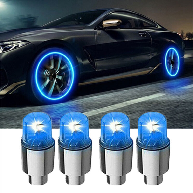 4Pcs Universal Blue LED Light Cap Car Wheel Tyre Tire Air Valve Stem Cover Trims