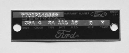 Ford Fairlane Mustang Warranty Door Data Plate 1966-1967 w/ Rivets
