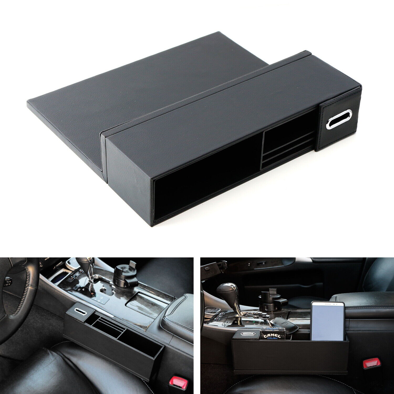 Black Leather Car Side Pocket Organizer, Car Seat Catcher w/ Multi-Compartments