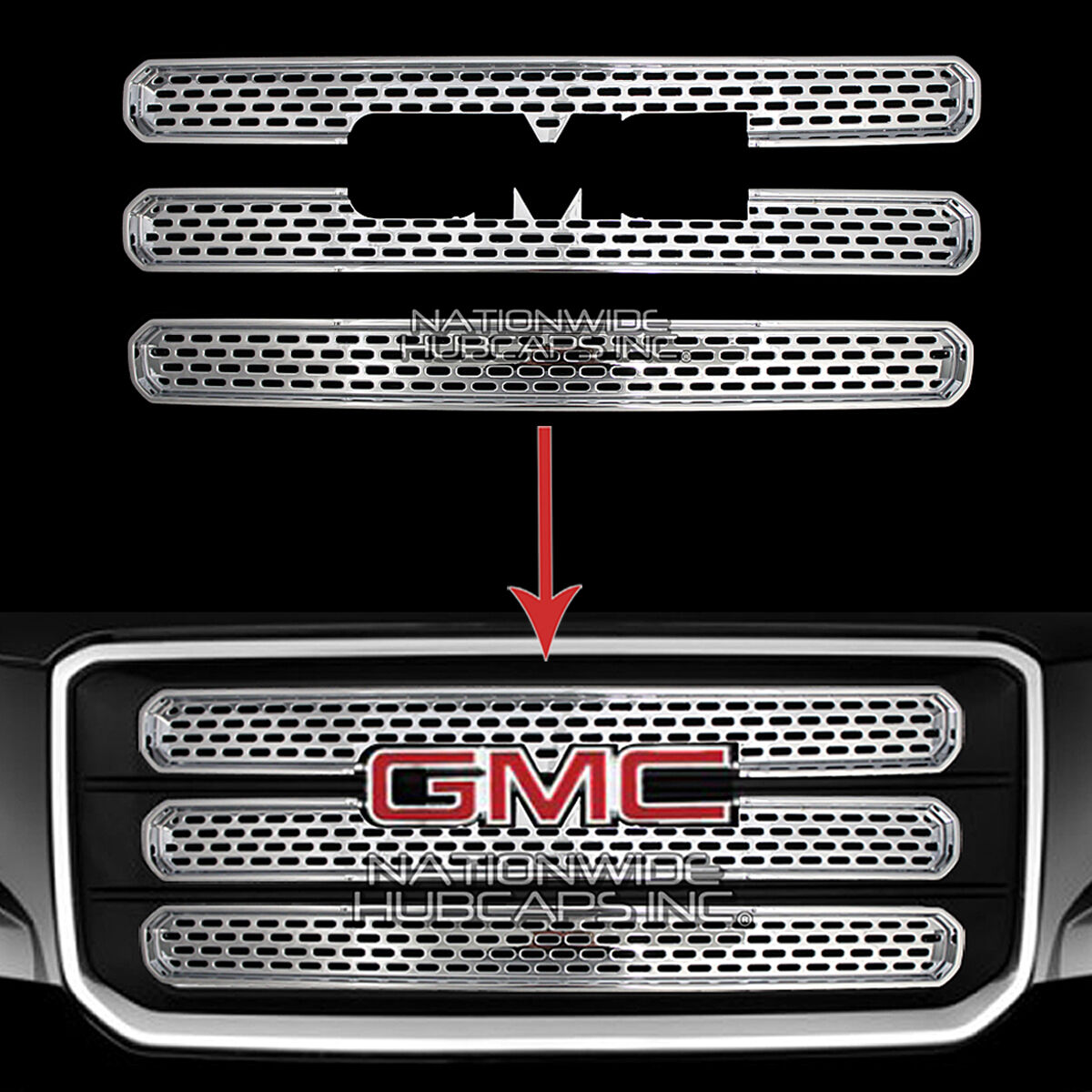 13-16 GMC ACADIA CHROME Snap On Grille Overlay 3 Bar Front Grill Covers Inserts