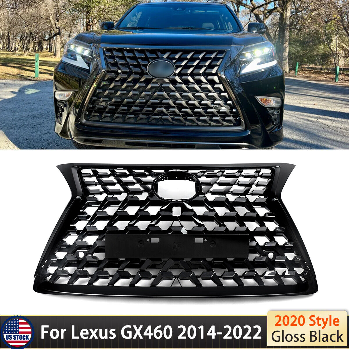For 2014-2022 Lexus GX460 Front Upper Grille Gloss Black 2020 Style Luxury Grill