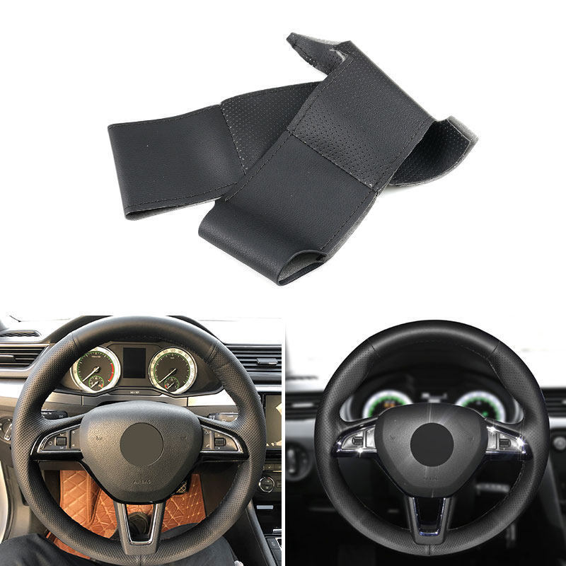 Black LEATHER Steering Wheel Cover For Skoda Citigo Fabia Octavia Superb 2013-19