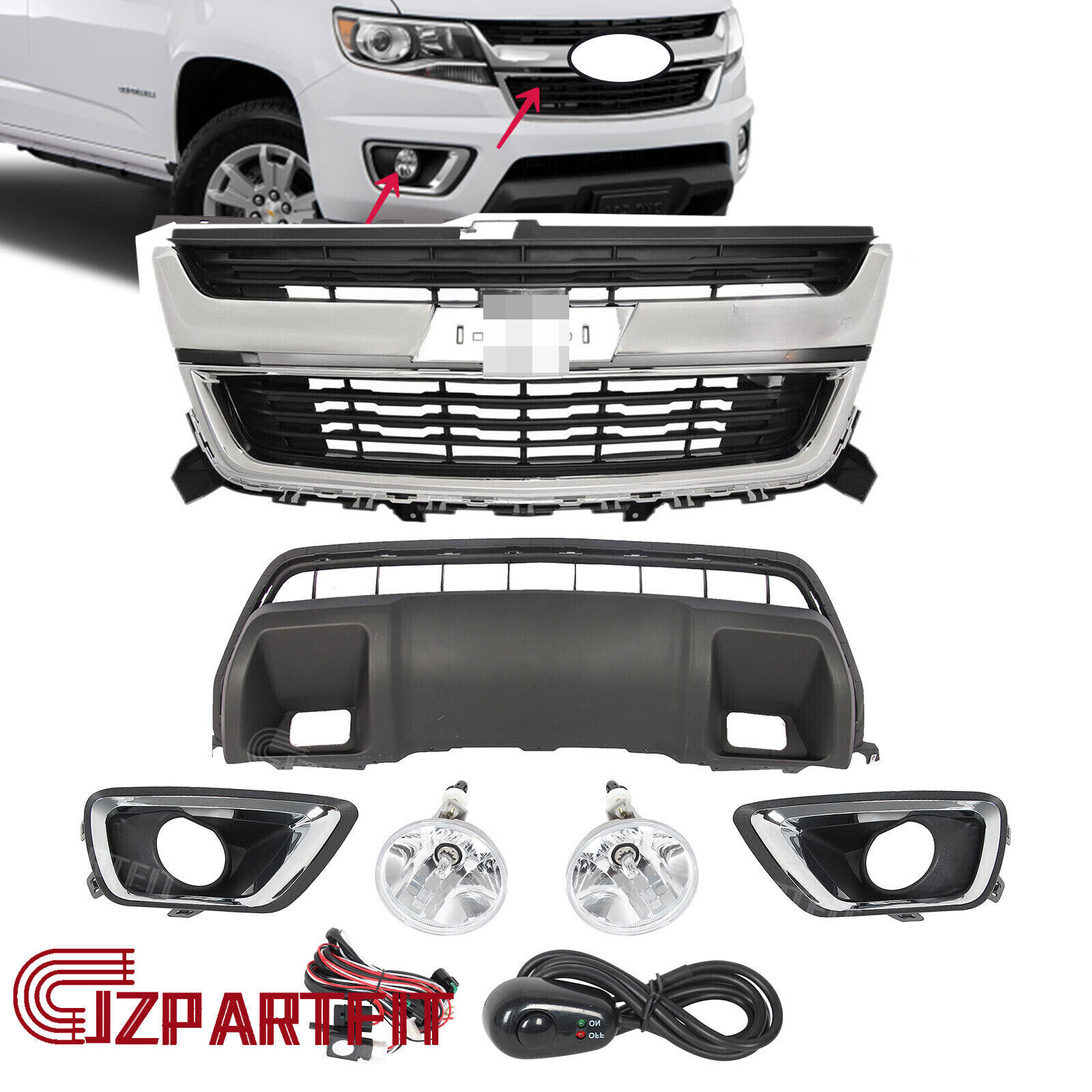 Fits 2015-2020 Chevrolet Colorado Front Grille/Lower Skid Plate/Fog Light 6PCS