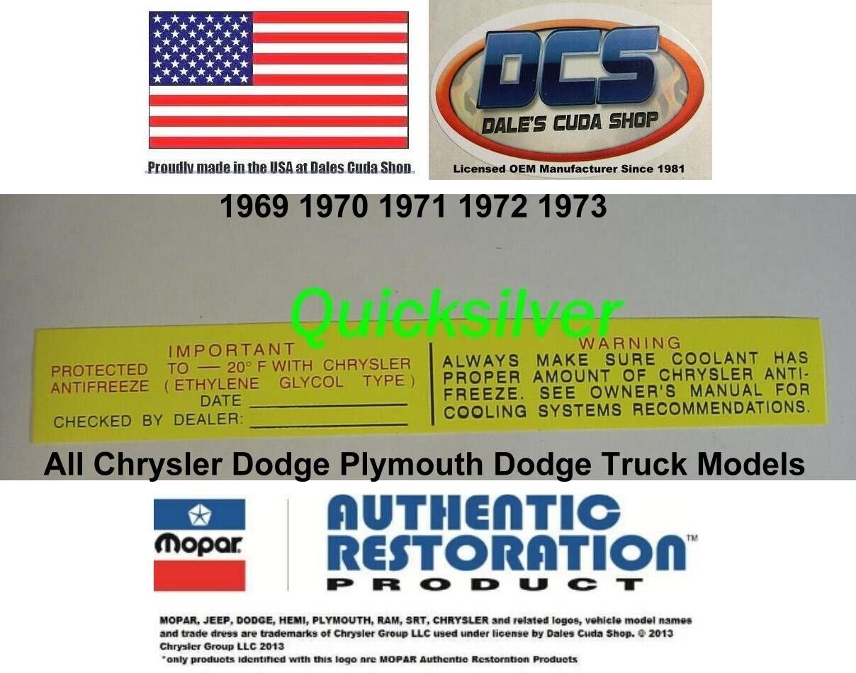 1969 1973 Chrysler Dodge Antifreeze Radiatior Core Support Decal MoPar NEW USA