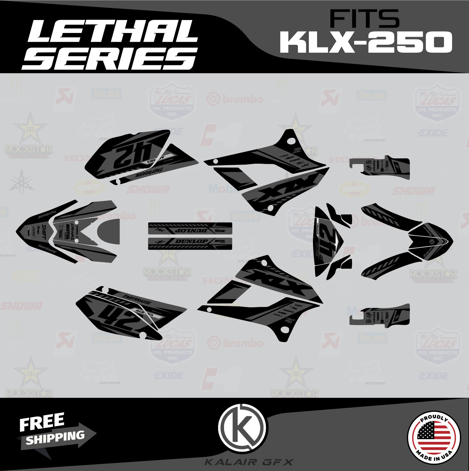 Graphics Kit for Kawasaki KLX250 (2008-2020) KLX 250 Lethal Series - Smoke