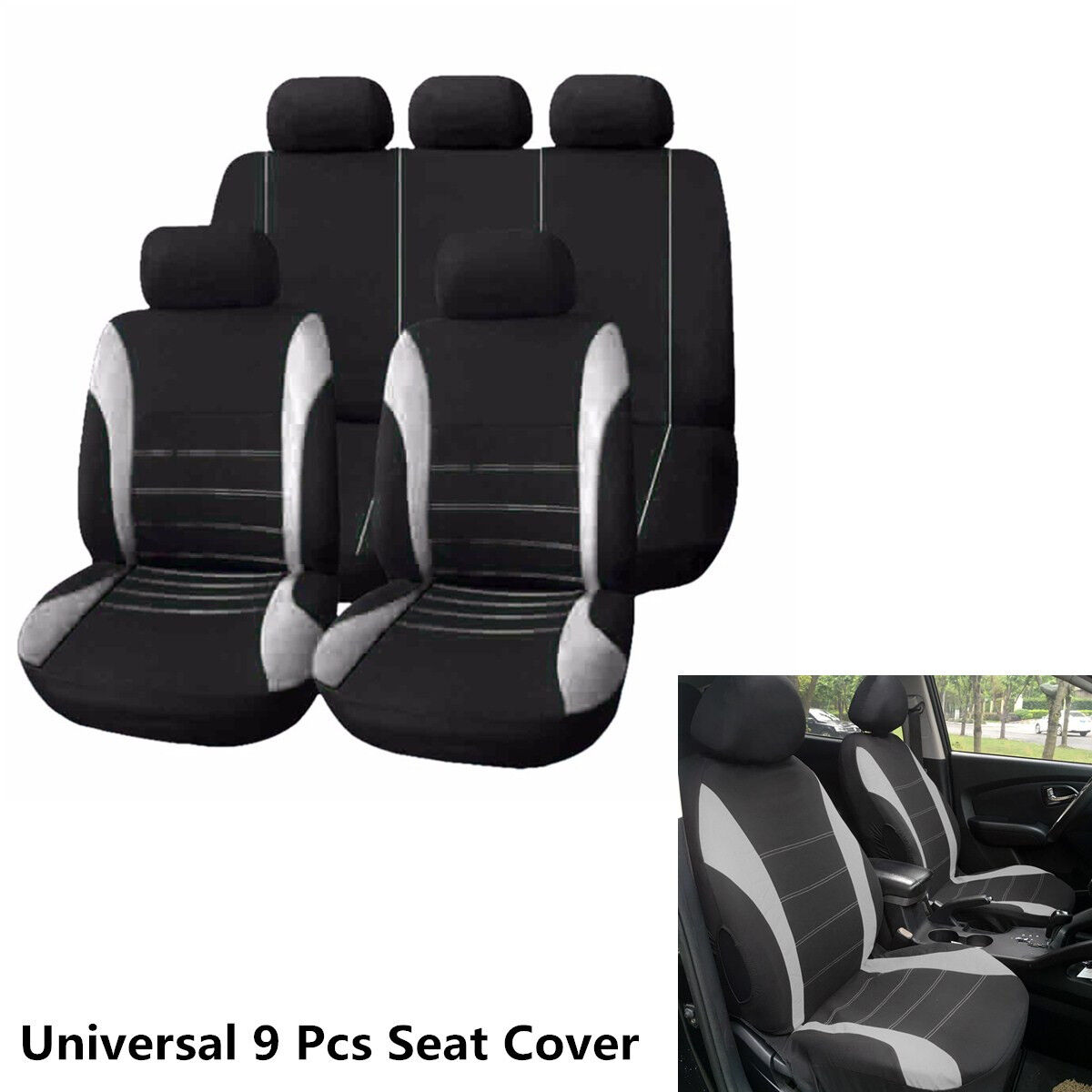 Universal Car Seat Covers 9 Set Full Styling Seat Cover Gray + Black For 5-Seats