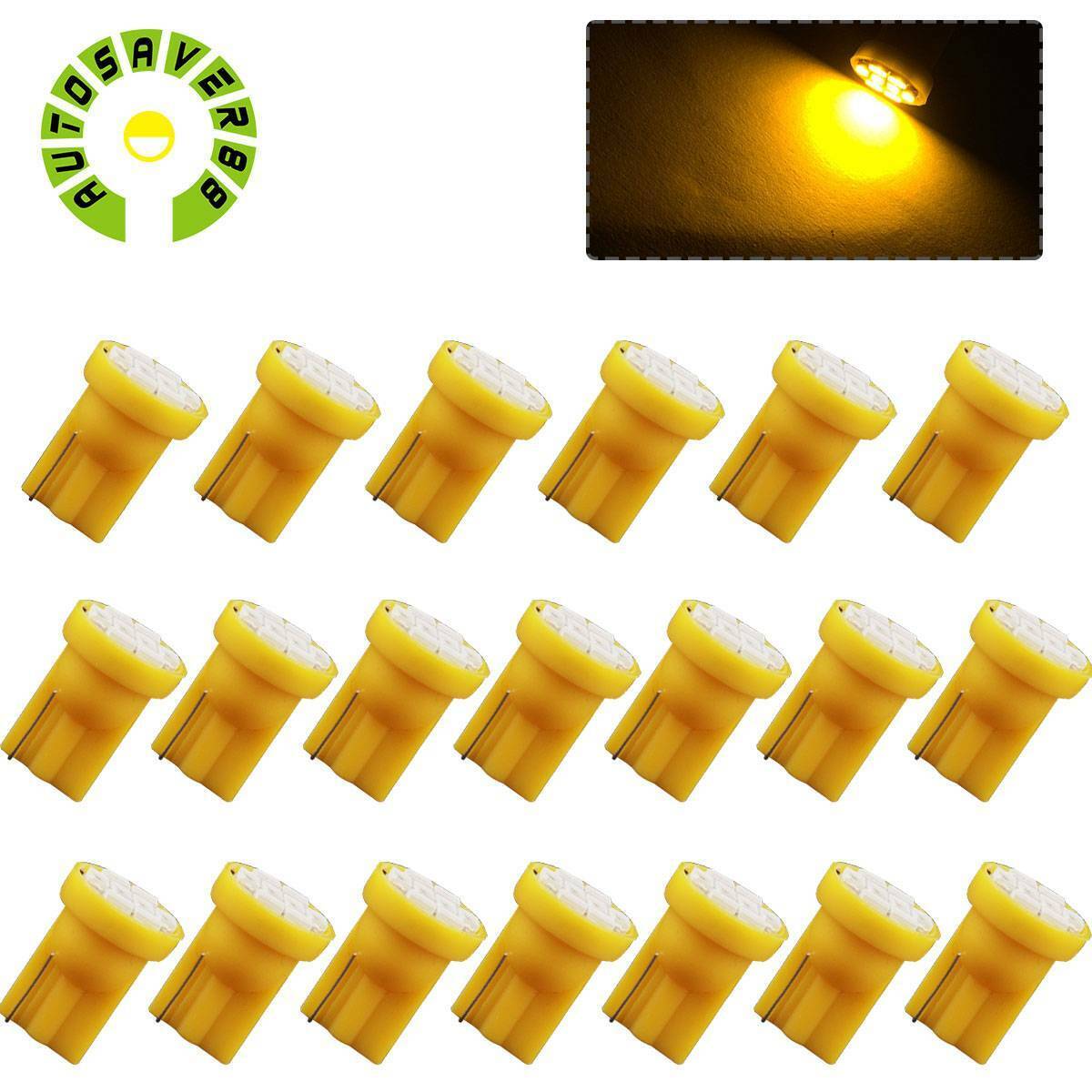 20X Yellow 4300K T10 192 8-SMD LED Bulbs Instrument Speedometer Trunk Dome Light