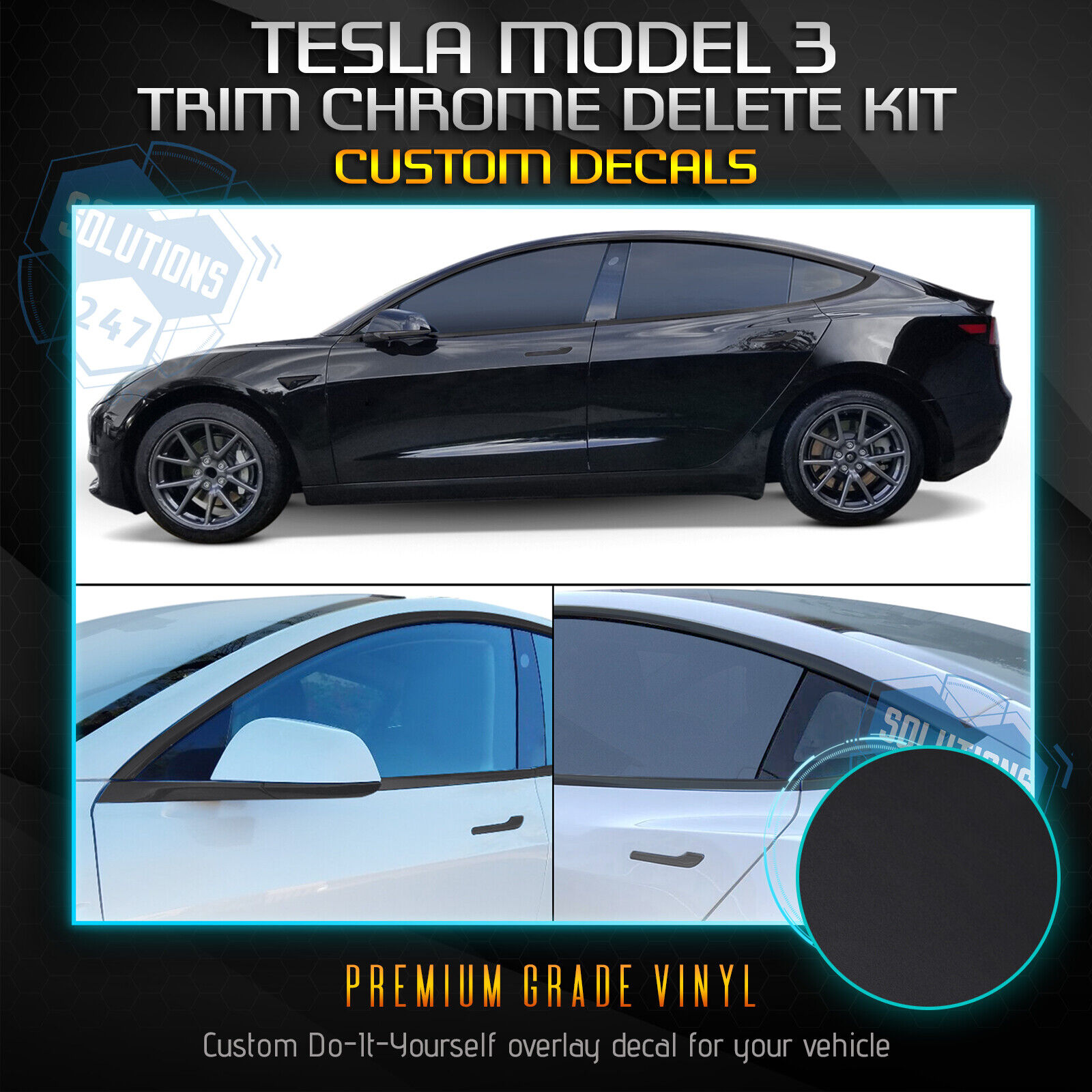 Fits Tesla Model 3 Window Trim Chrome Delete Blackout Vinyl Kit - Matte Black