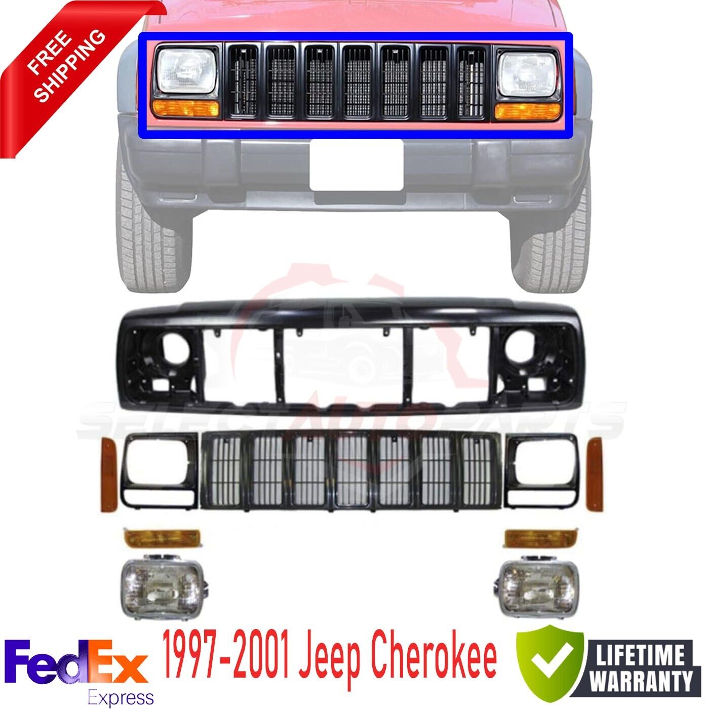 For 1997-2001 Jeep Cherokee Front Grille Header Panel Headlight Bundle 10PCS